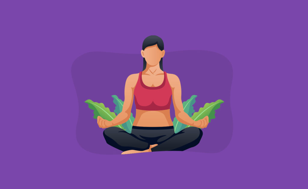 A woman sitting in the lotus position with two hands extended.